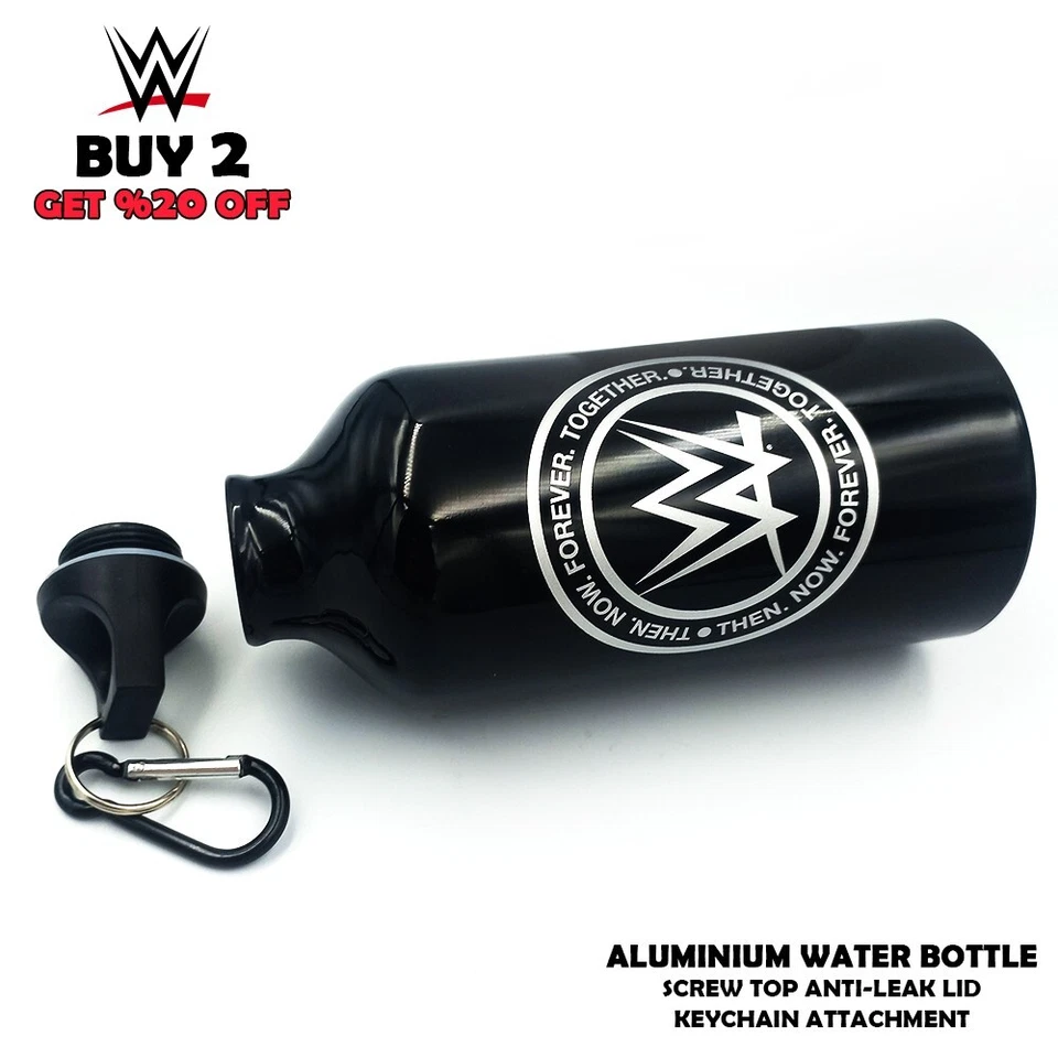 WWE Black Aluminum Water Bottle - 500ml with Anti-leak Screw Top Lid & Keychain - Image 2 of 4