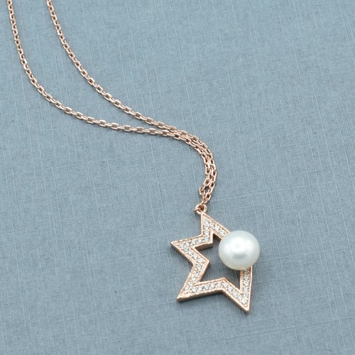 Circonita Estrella con Perla Colgante Collar 14K Chapado en Oro Rosa Plata 925 - Imagen 6 de 7