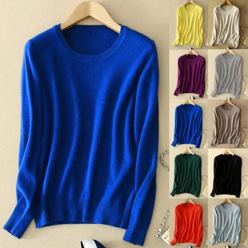 Women Cashmere Crew Neck Soft Sweater Winter Warm Long Sleeve Knitted Pullover
