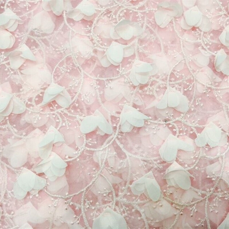 Sheer Mesh Tulip Petal Sequin Lace Print Fabric with Overlapping Curved Petal Appliqués