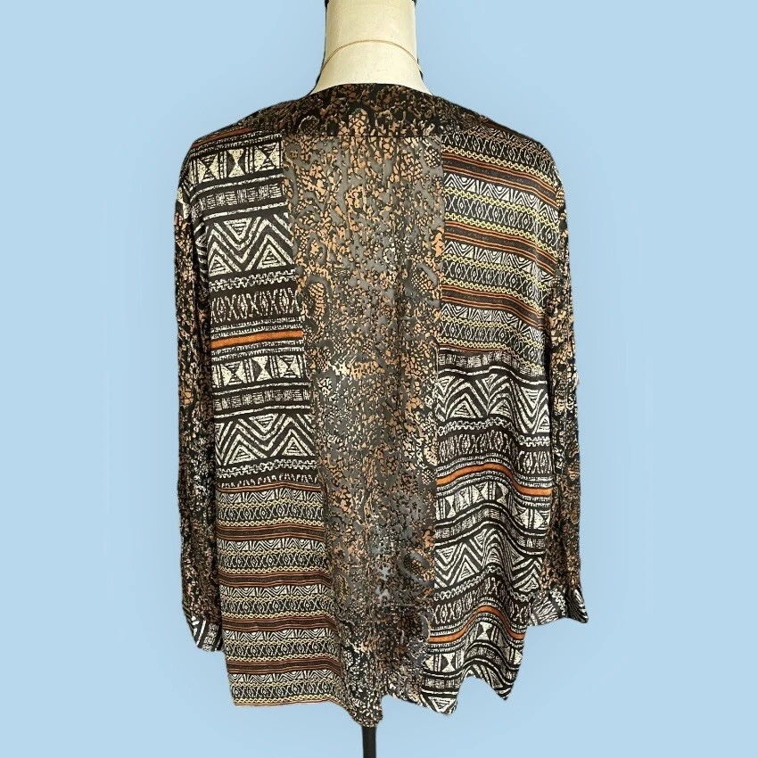 Laura Ashley Woman 100% Silk Mixed Animal Print Cardigan Top Plus 2X 16 18 Brown - Image 3 of 4