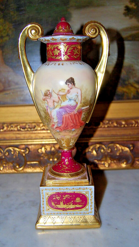 Antique Royal Vienna Neoclassical Vase Urn Hand Painted By Simon Burgundy & Gold
