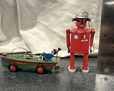  LOT OF 2 Tin Toy Schylling Ornaments Dragonfly Speedboat  Atomic Robot Man 