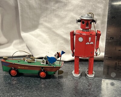 (LOT OF 2) Tin Toy Schylling Ornaments Dragonfly Speedboat & Atomic Robot Man!