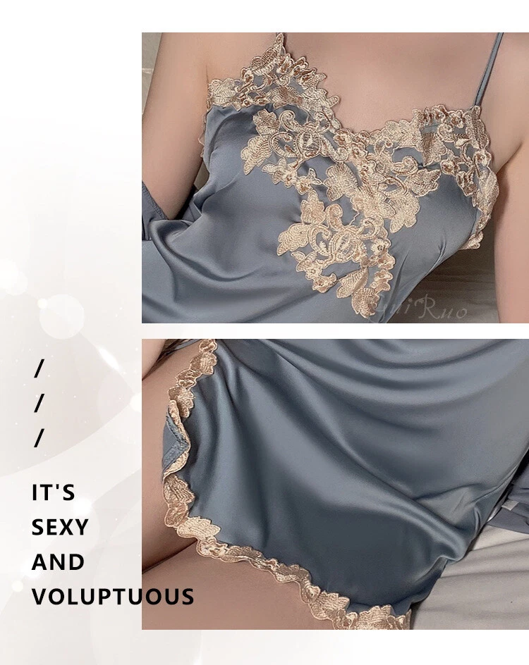 Women Lingerie Satin Lace Strap Slip Sleepwear Dress Robe Open Back Side Slit - Image 3 of 4