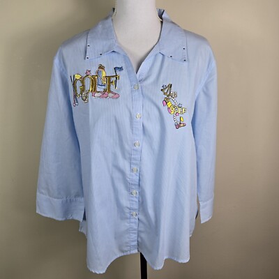 Las Olas Womens Top XL Blue Stripe Golf Embroidered 3/4 Sleeve Button Up Shirt
