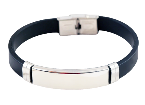Men Women Rubber Plate Steel Bracelet + Engraved Name - Picture 1 of 1