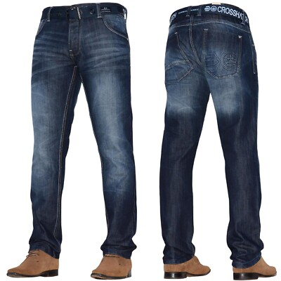 Neu Herren Crosshatch Stretch Jeans Hose Dunkelblau Designer Marke Taille Größen