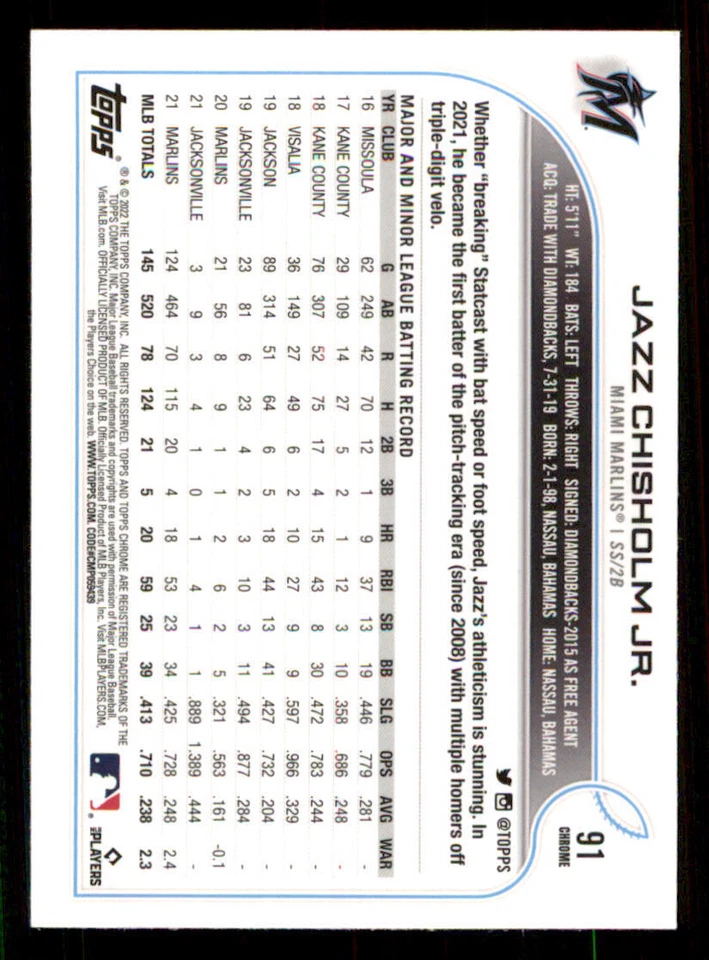 2022 Topps Chrome #91 Jazz Chisholm Jr. - Image 2 of 2