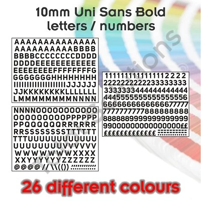 10mm Self Adhesive Vinyl Letters / Numbers - Uni Sans Bold - Various Colours