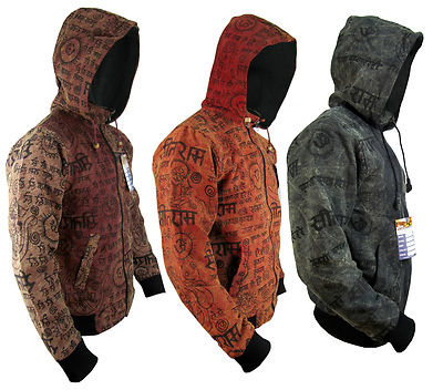Om Mantra Symbole Baumwolle Stonewashed Rostige Blouson Hoch Hals Kapuzenjacke