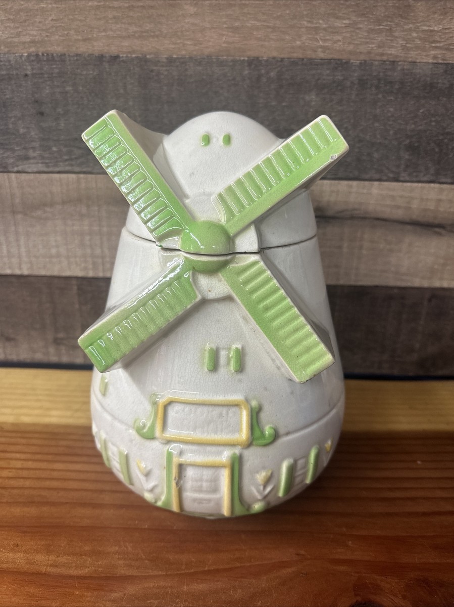 Vintage Windmill Cookie Jar Fredericksburg Art Pottery Green
