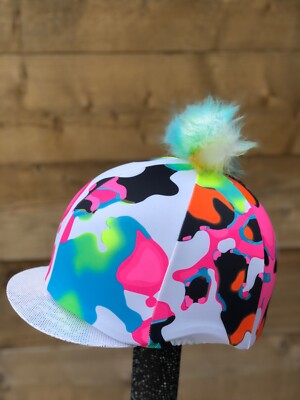 Horse Riding hat silk Pom, Button Top rainbow camouflage neon sparkly peaks  UK