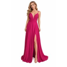 Hebeos Fuchsia Pink Chiffon Pleated V-Neck Formal Prom Gown Dress Size M NEW
