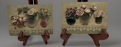 Set Of 2 Cheri Blum Floral Raised Relief Wall Plaques Roses Vase Cottage Decor