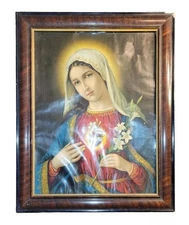 Antique Sacred Heart Virgin Mary Lithograph Framed Catholic Art Religious Print