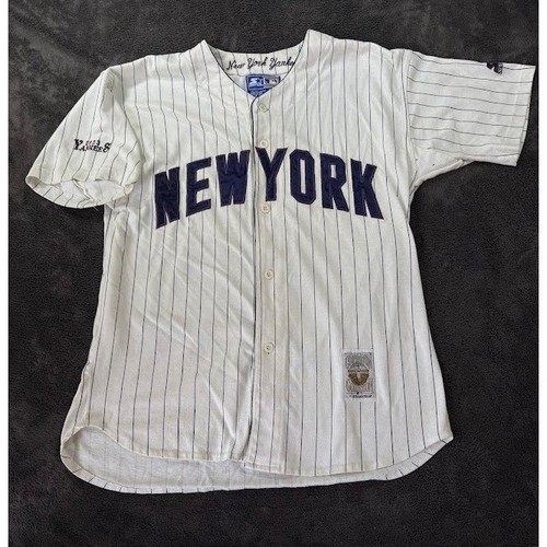 Vintage Starter New York Yankees Pinstripe Baseball Jersey White Blue XL 90s