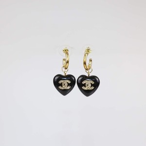 Authentic Chanel Black Crystal CC Gold Plated Resin and Strass Heart Drop Push Back Earrin