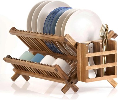 Acacia Wooden Dish Drying Rack for Kitchen Counter 2-Tier Collapsible Bmaboo 