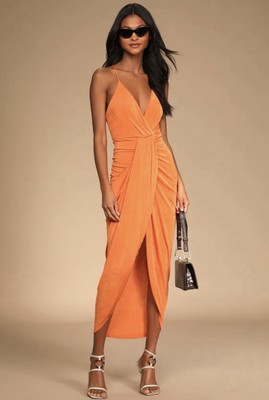 LULUS Dreamy Date Orange Low Cut Surplice Midi Dress XL EXTRA LARGE