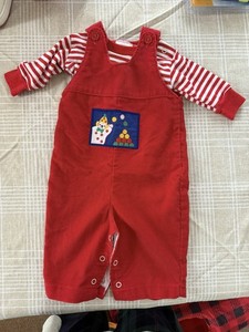 Vintage Overalls Corduroy  Red 6 Months Clown with red stripes 