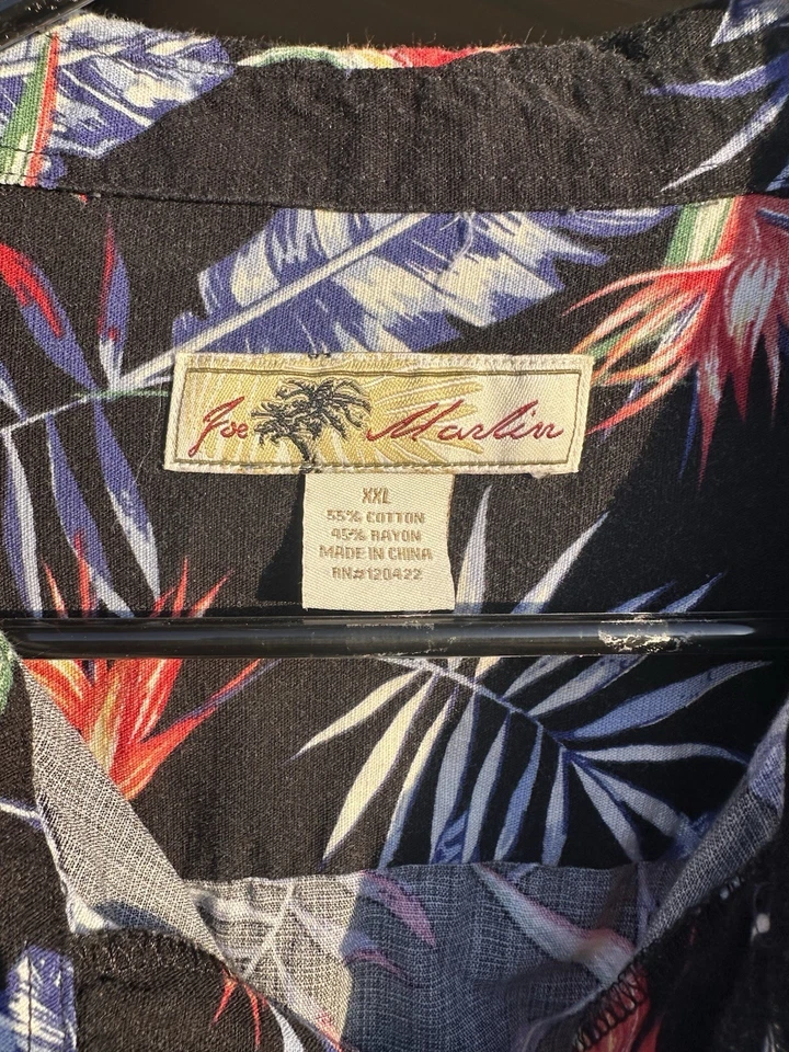 Joe Marlin Hawaiian Shirt Mens Large Black Blue Floral Short Sleeve Cotton Camp - Image 3 of 3
