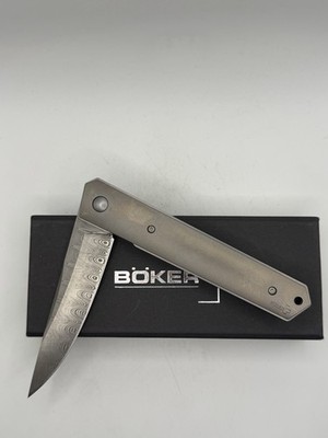 Boker Plus Kwaiken Damascus Blade Titanium Handle Folding Knife New 01BO297