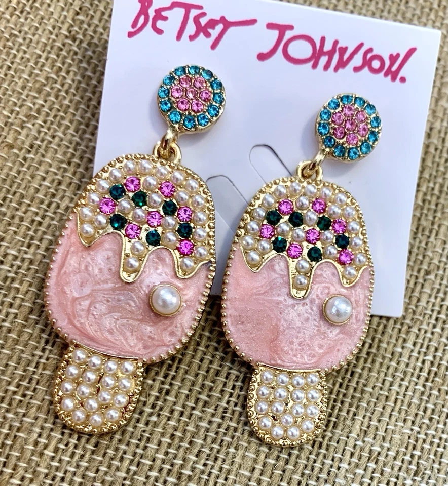 "Pendientes de helado Betsey Johnson esmalte pavé rosa azul verde perla colgante 2""" Foto 2 de 4