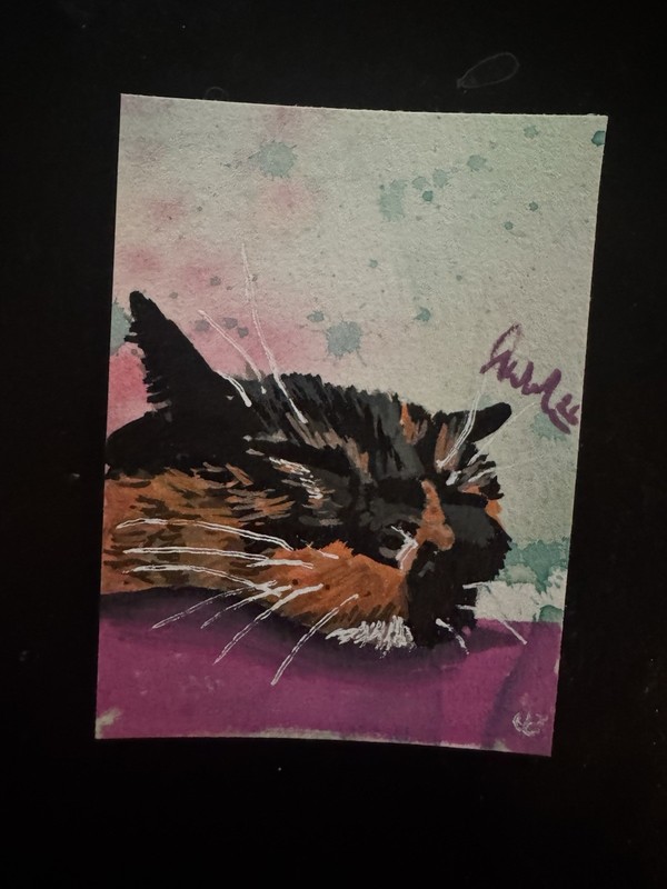 ACEO Original Art Card Acrylic Painting Cat 2.5 x 3.5 Inch By Cawalraven