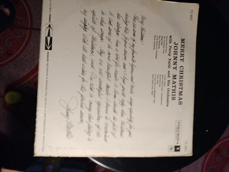 Merry Christmas Johnny Mathis Vinyl Record Album LP,  Columbia CS 8021 signed.  - Image 3 of 4