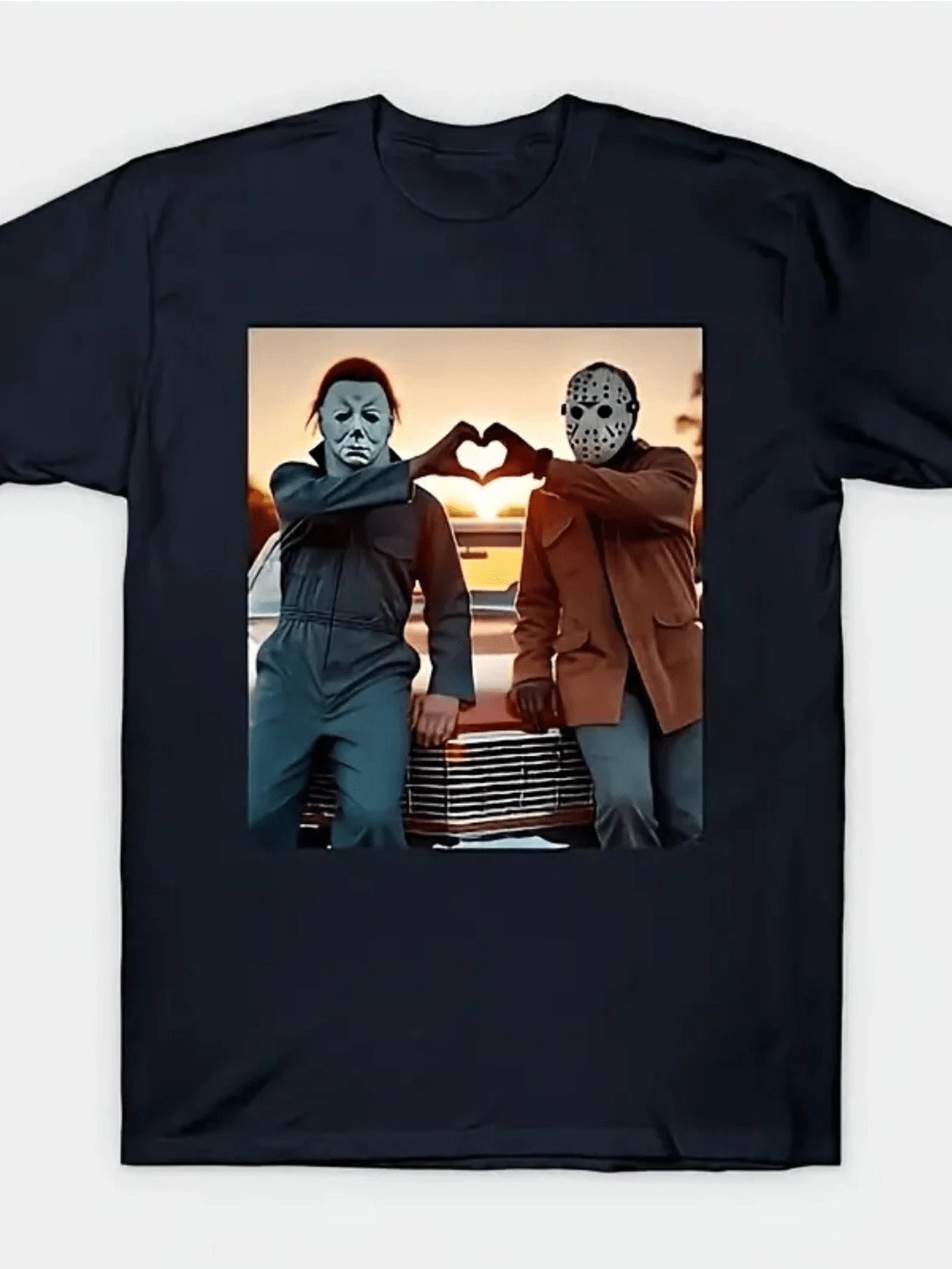 Men's Retro Halloween T-shirt - Jason Voorhees&Michael Myers Heart Pattern