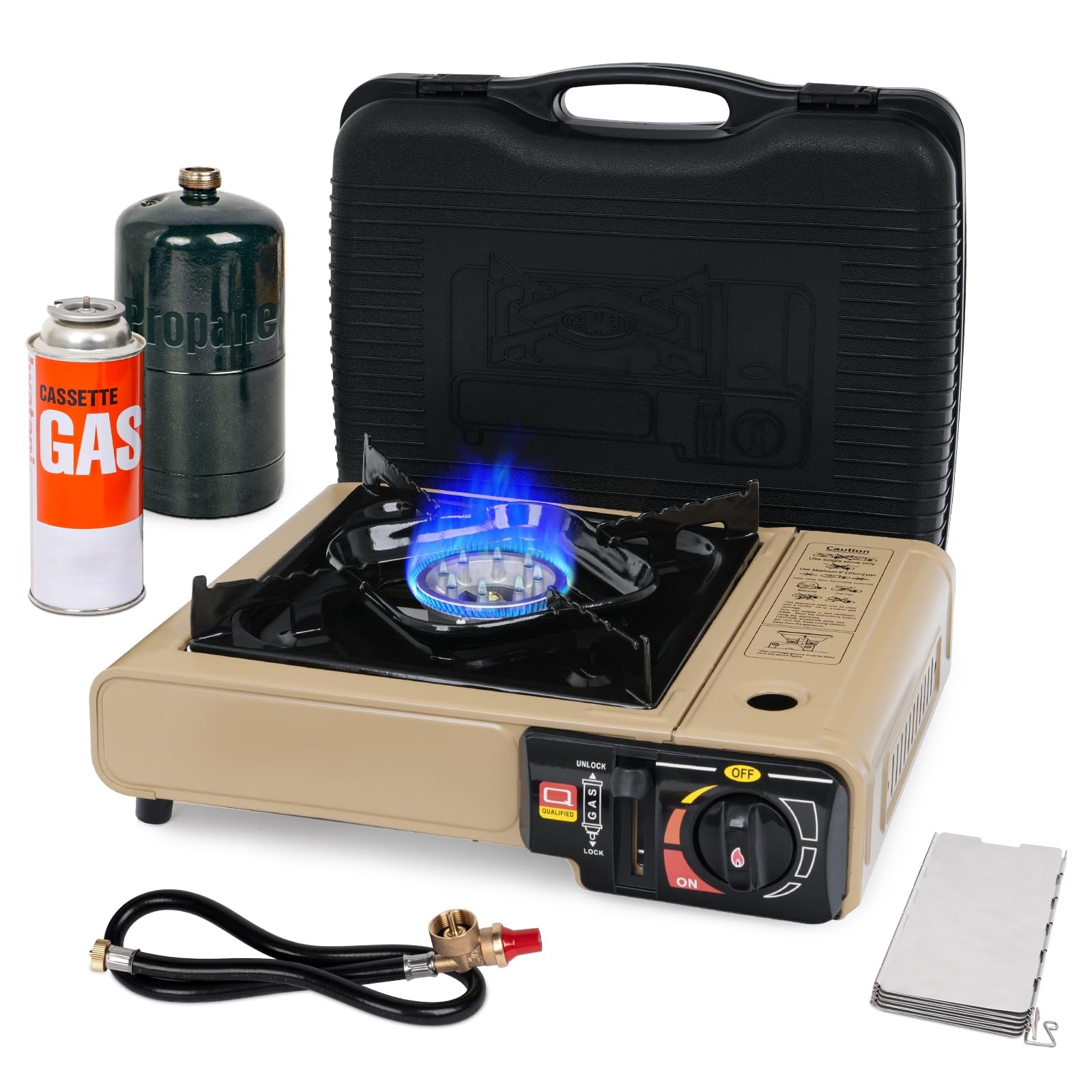 Dual Fuel Stove Portable Camping Stove w/Case+Wind Guard+26" Propane Hose, Khaki