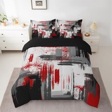 Abstract Bed Set Includes Comforter, Sheet Set, Queen Red Grey Black