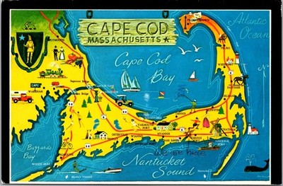Cape Cod Massachusetts Map Cartoon Style Continental Postcard B580