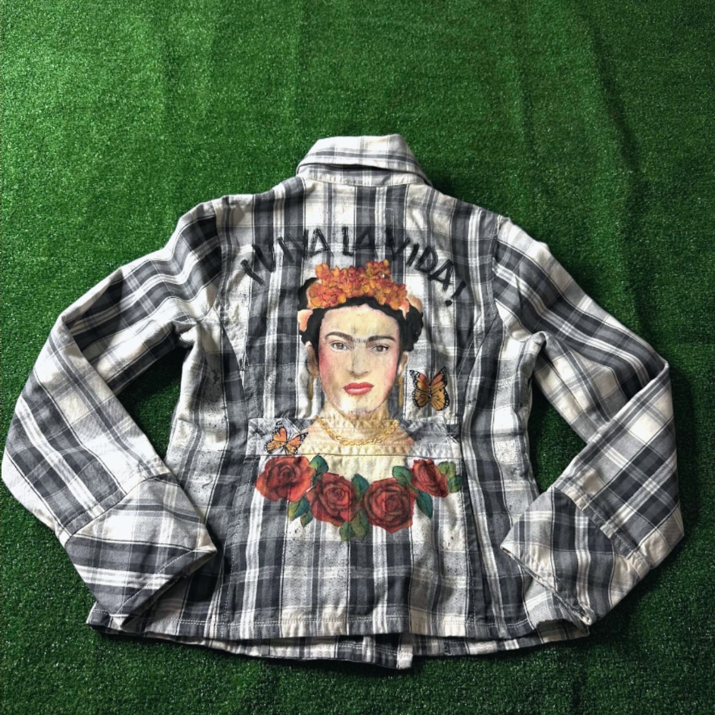 Chaqueta Frida Kahlo Pintada a Mano Arte Gris Cuadros Aéropostale Guisante Certificado de Autenticidad Junior Talla L