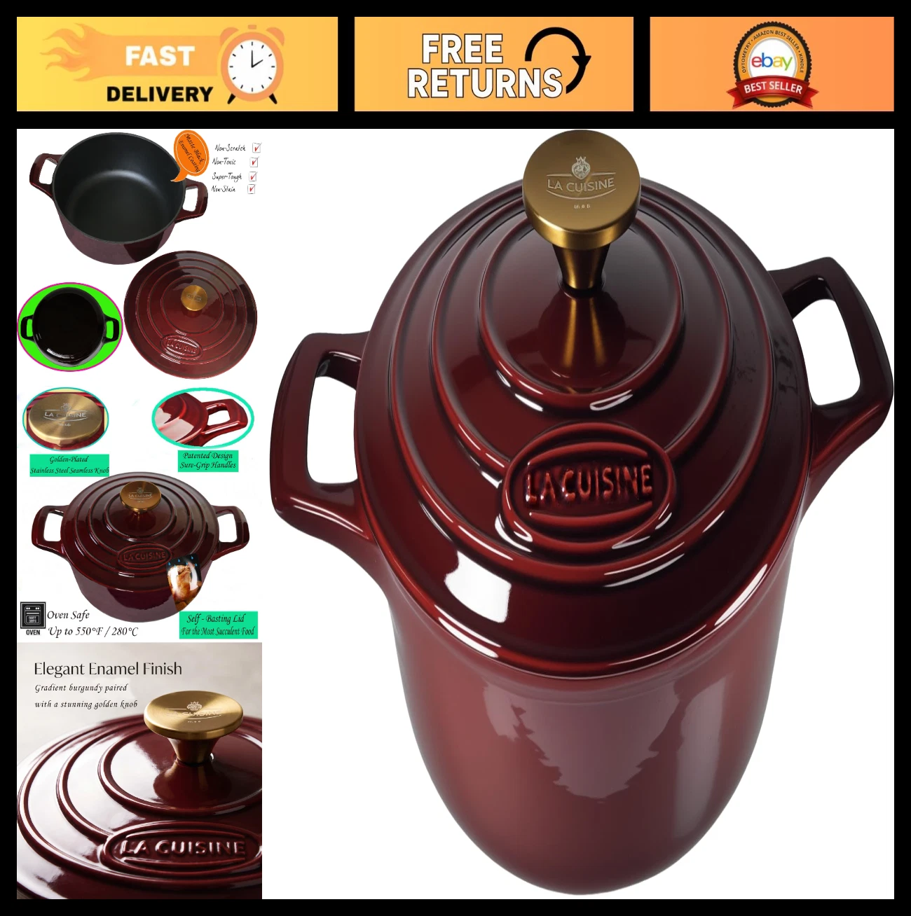 Enameled Cast Iron Dutch Oven Casserole Pot with Lid, 2L, Matte Black & Cranberr