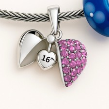 16th Birthday Pink Crystal Heart Bead for Charm Bracelets 925 Sterling Silver 16