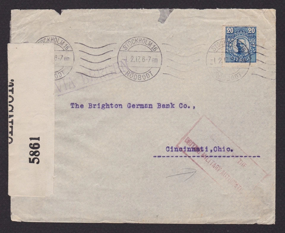 SWEDEN 1917, Cover to Cincinnati USA via Bergen, British military censor cachet - Image 2 of 3