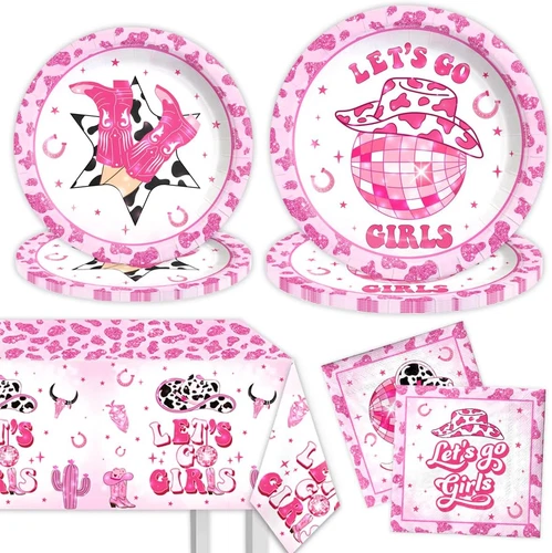 Cowgirl Party Decorations-Lets Go Girls Plates and Napkins Kit Hot Pink Bachelor