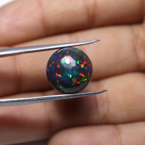 12 MM Round 4.4 Ct Natural AAA Rainbow Fire Smoked Black Ethiopian Opal Cabochon