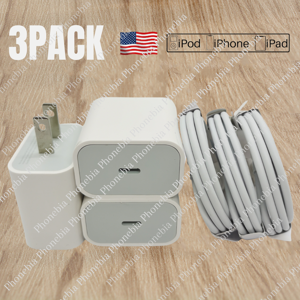 For iPhone 14 13 12 11 PD Fast Charger Cable 20W USB-C Power Adapter 3 Pack Lot