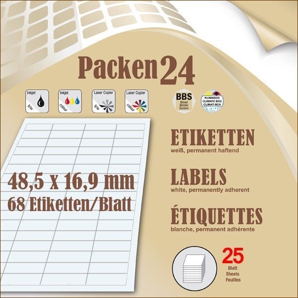 Schachtel(N) á 25 Blatt Packen24 Etiketten 48,5X16,9 Mm Selbstklebend A4-image
