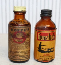2 Vintage Antique 1930s Bottles of Gun Cleansing Solvents: Hoppe's®; Gunslick®