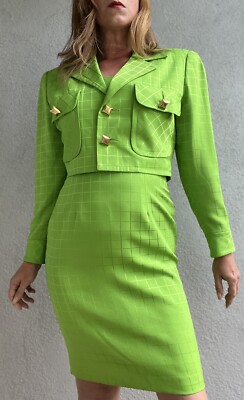 U26521 Vintage BILL BLASS Chartreuse Window Pane Design Crop Jacket Dres G2U