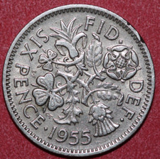Great Britain 1955 6 Pence, Leek Rose Thistle and Shamrock-Foreign Coin 19.5mm