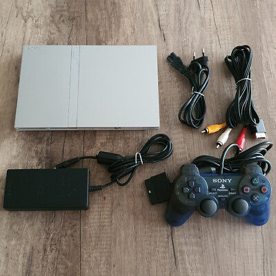 PS2 - Playstation   Slimline Satin Silver Spielekonsole + Dualshock & Kabel  