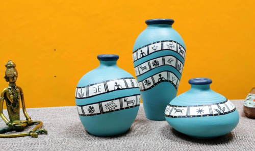Warli Turquoise Blue Handpainted Terracotta Flower Vase, Decorative Pcs Set of 3 - Picture 1 of 10