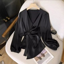 Fashion Ladies Satin Shirt Top Blouse Puff Sleeve Casual V Neck Banquet Formal
