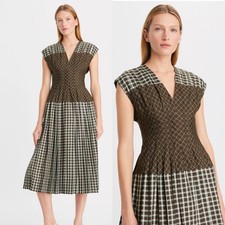 Tory Burch Sz 4 Plaid 100% Silk V Neck Claire McCardell Pleated Midi Dress
