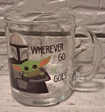 Star Wars The Mandalorian Yoda Glass Mug "Wherever I Go, He Goes" 16 Oz (D)